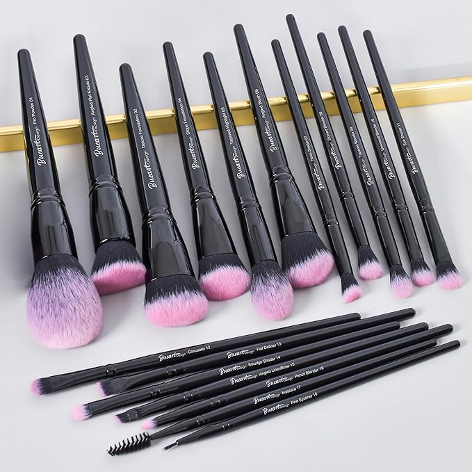 Bueart Design 18Pcs Pro Deluxe Fuchsia Pink Black Makeup Brushes set with Travel Make up Brush Holder case Foundation concealer contour Blush eyeshadow face make up brush set-VivaGrace Women