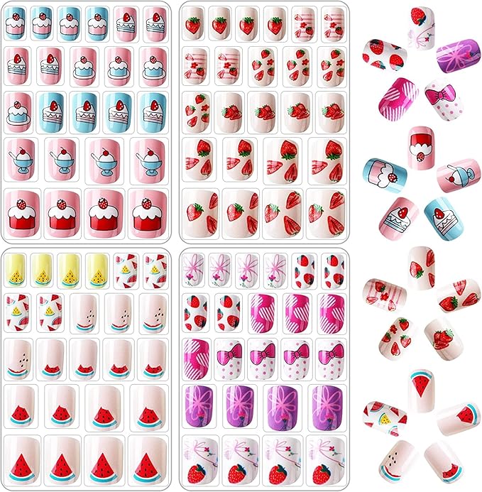JANYUN 96 Pcs Kids False Nail Stick on Nails Kids Full Cover Short False Nails Children Nail Tips Lovely Gift for Kids Little Girls Nail Art Decoration (Fruits Color)