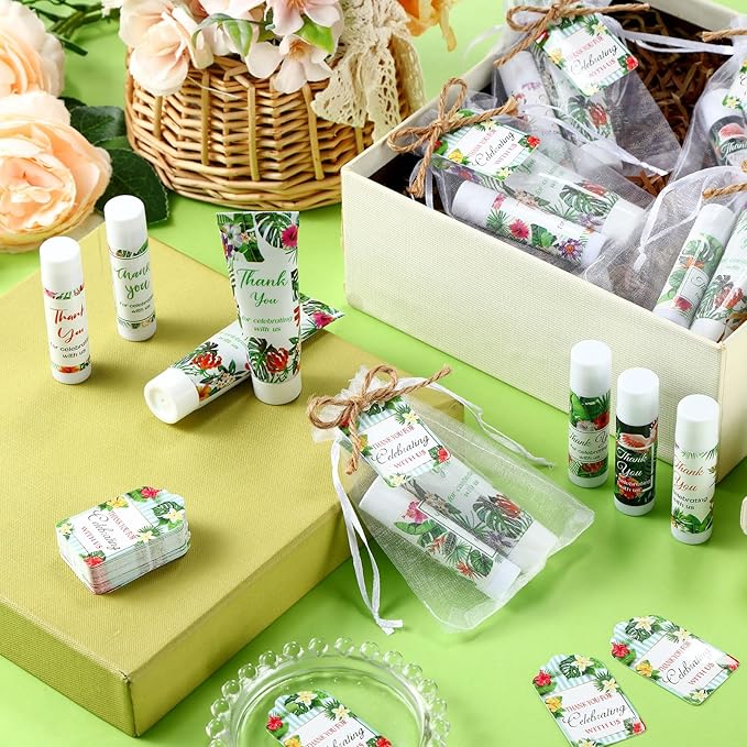 200 Pcs Baby Shower Wedding Party Favors Gift Set, 50 Pcs Baby Shower Hand Cream and 50 Lip Balm for Wedding Bridesmaid Guests Gift Supplies with 50 Organza Bag 50 Thank You Tag(Tropical)-VivaGrace Women