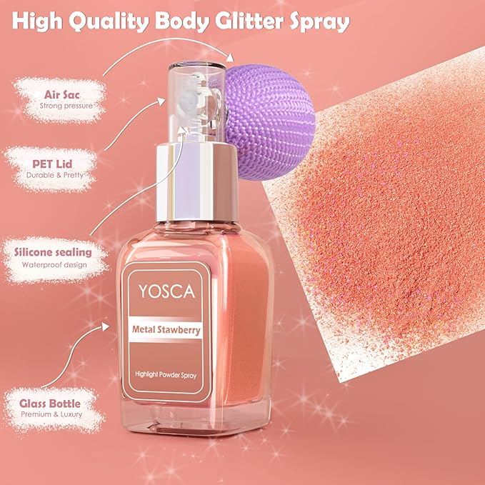 Yosca Highlighter Powder Spray, 20ML Cosmetic Grade Shimmer Powder Glitter Spray Sparkle Highlighter Makeup Festival Concert Accessorise for Rave Clothes Hair Face Nail Art - Metal Stawberry-VivaGrace Women