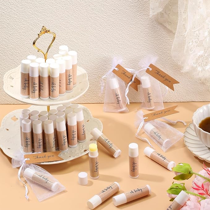 50 Sets Baby Shower Lip Balm Favor with Thank You Tags and Organza Bags, Lip Balm Bulk Baby Shower Gifts for Guests Prizes Gender Reveal Souvenirs Neutral Birthday Supplies-VivaGrace Women