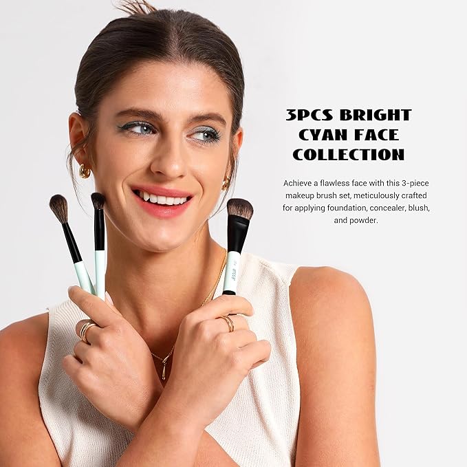 Jessup Face Makeup Brushes Blue 3pcs Double Ended Makeup Brush for Foundation Contour Blush Highlight and Concealer Brush, Premium Synthetic Brush Set T503-VivaGrace Women