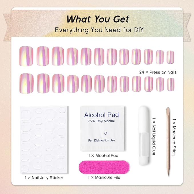Press on Nails Square - Glazed Pastel Pink Chrome Fake Nails Medium Acrylic Full Cover Glue on Nails in 12 Sizes - 24 Piece Nail Kit,Natural Fit for Women & Girls Daily Wear
