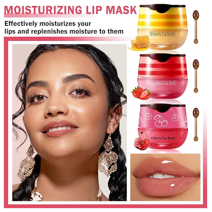 NVLEPTAP 3PCS Bee Lip Balm Honey Pot Honey Lip Balm Strawberry Honey Cherry Lip Sleeping Mask Moisturizing Hydrating Lip Care Products Honey Pot Lip Balm with Stick-VivaGrace Women