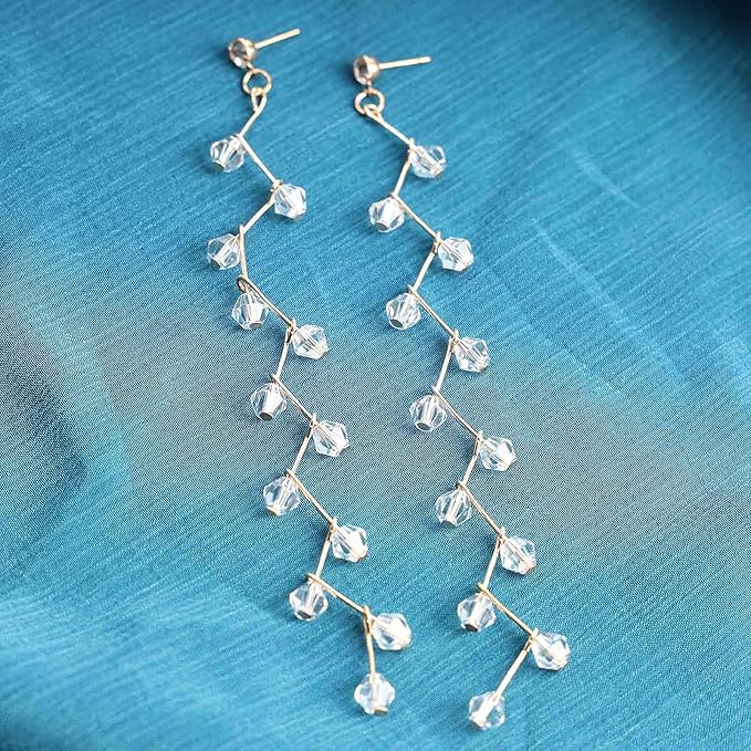 Boho Rhinestone Leaf Earrings Gold Crystal Drop Earring Long Chain Tassel Dangle Earrings Jewelry for Women and Girls Gifts-VivaGrace Women