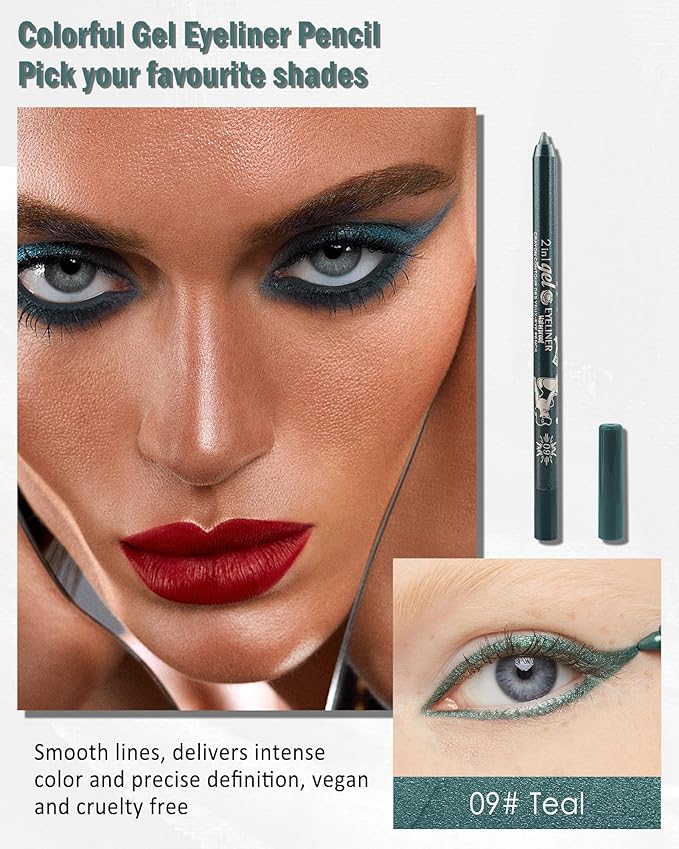 Teal Eyeliner Pencil Gel, Multi-Use Cream Eyeliner Waterline Waterproof Smudge-Proof Long Lasting, Eye Liner Brightener Pencil with Sharpener, High Pigmented Cruelty Free Colored Delineador De Ojos-09
