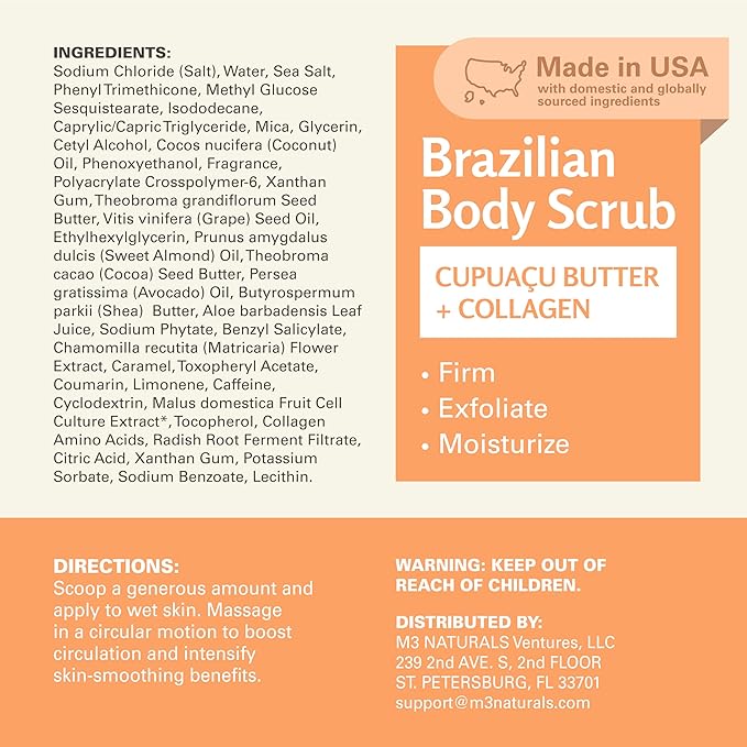 Firming & Moisturizing Brazilian Body Scrub, Gentle Body Exfoliator with Cupuacu Butter, Jojoba Oil & Collagen, 16 oz (453 g) by M3 Naturals-VivaGrace Women