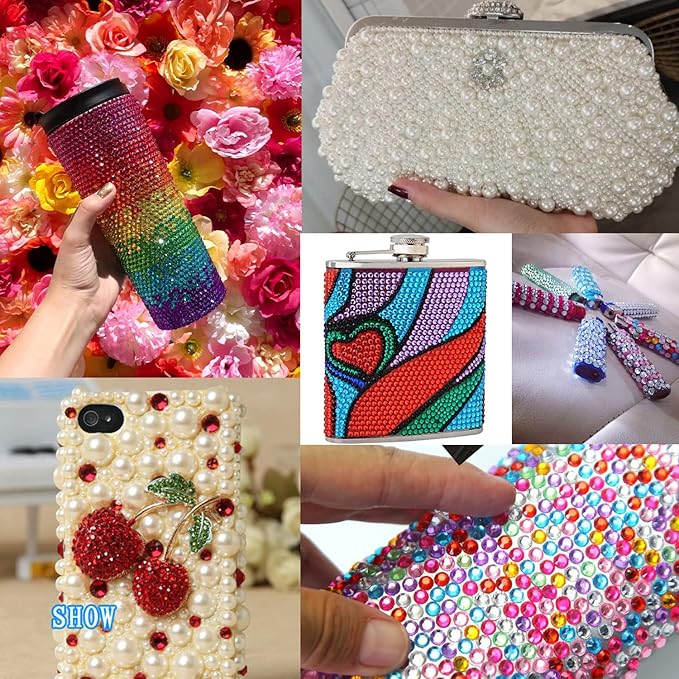 Flat Back Rhinestone+Half Round Pearl Kits Colorful Rhinestones+White+Beige Pearls With Picker Pencil And Tweezer For Home DIY And Professional Use-VivaGrace Women