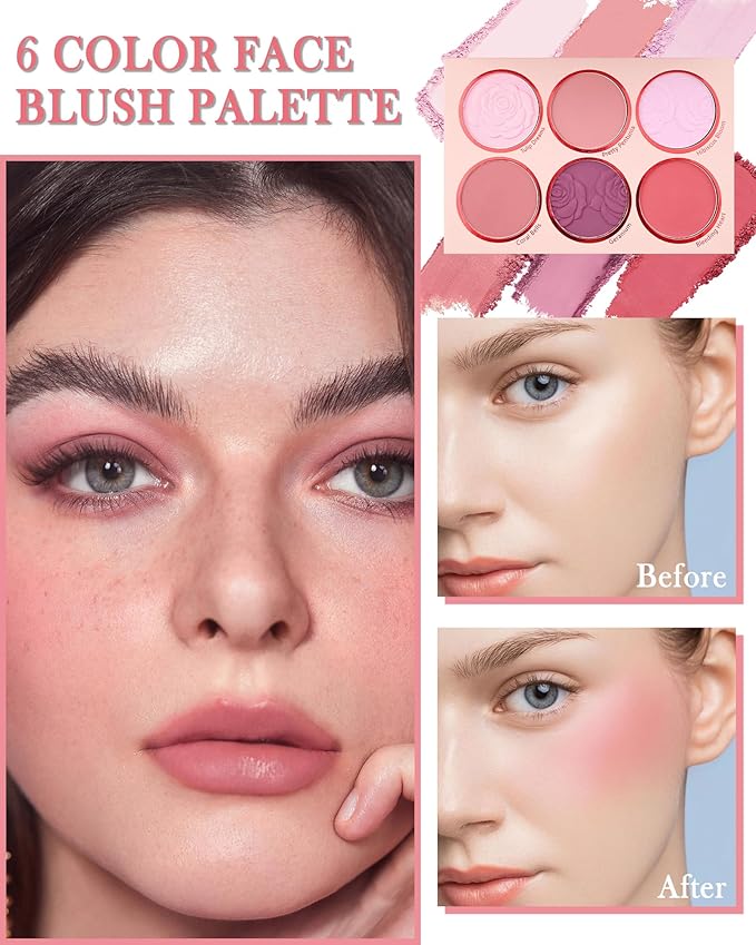 Matte Rose Face Blush Palette Kit with Brush-6 Colors Pink Purple Silky Mineral Blendable Blusher Contour Powder for Cheeks,Longlasting Facial Eyeshadow Beauty Cosmetic Makeup Gift for Women-Set 01-VivaGrace Women