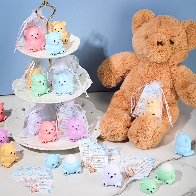 24 Sets Baby Shower Bear Lip Balm Favors Bear Lip Care Transparent Lipstick with Gift Bags and Thank You Cards for Baby Shower Gender Reveal Favors Decorations Gift Supplies-VivaGrace Women