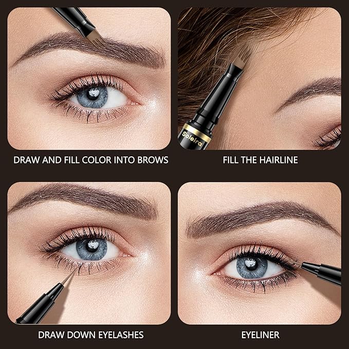 Eyebrow Pen, Soleira Waterproof Eyebrow Pencil with 4 Tip Microblading Eyebrow Pen and Dual-ended Eyebrow Brush, for Natural-Looking Brows, Long-Lasting, COFE Dark Brown