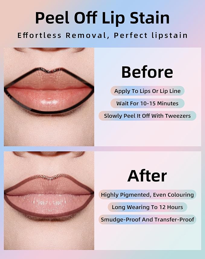 KIMUSE Lip Stain Peel Off, Peel Off Lip Liner Stain with Tweezer, Long Lasting, Waterproof, Transfer Proof Lipstains Color, Smudge-Free, Easy Removal, Matte Finish-VivaGrace Women