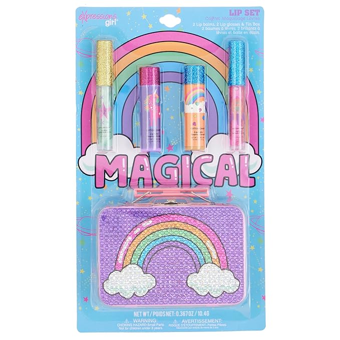 Expressions 5pc Rainbow Rhinestones Cosmetics Lip Kit For Kids w/Lip Glosses, Lip Balms & Tin Box Storage Case Magical Lip Set,Washable + Non Toxic-VivaGrace Women