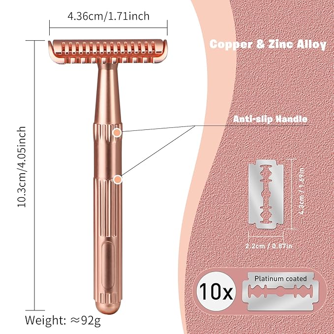Matte Rose Gold Double Edge Safety Razor, Single Blade Razors for Women and Men, with 10 Stainless Steel Safety Razor Blades, Reusable, Smooth and Close Wet Shaving Kit, Plastic Free-VivaGrace Women