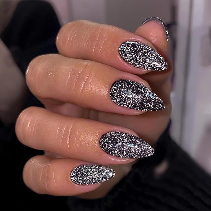 KQueenest Black Glitter Press on Nails Medium Almond Shape, Iridescent Shimmer Acrylic Fake Nails, Sparkling Gel Press Ons, Glossy Flash Glue on False Nails 24 Pcs