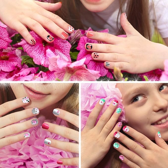 JANYUN 96 Pcs Children False Nails Valentine's Day Short Fake Stick on Nails Kit for Girls Stick on Nails