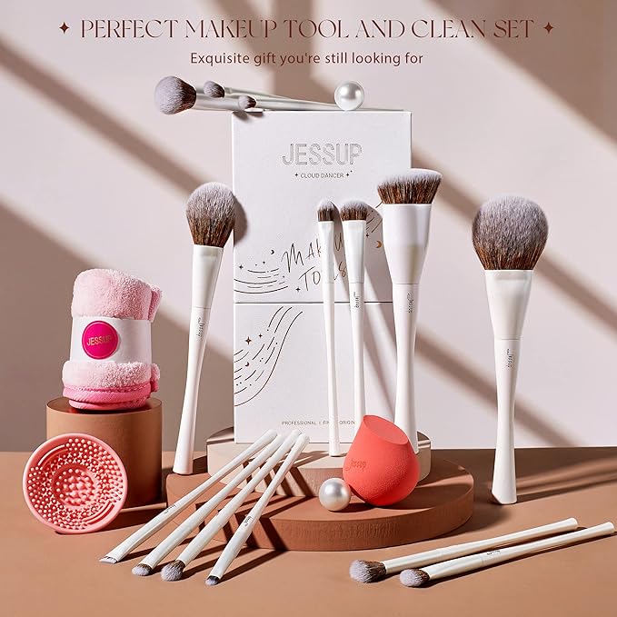 Jessup Makeup Brushes Set 14pcs Highend Makeup Gift Set for Women Include Foundation Concealer Blush Contour Powder Eye Shadow Brush, Makeup Sponge, Makeup Brush Cleaner and Towel, Pearl White T333-VivaGrace Women