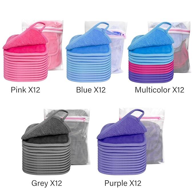 KODAMO Makeup Remover Cloth, Reusable Makeup Remover Pads Washable Travel Bag, Microfiber Makeup Removal Face Wash Cloths with Just Water, Gentle Soft,12 Pack, Pink