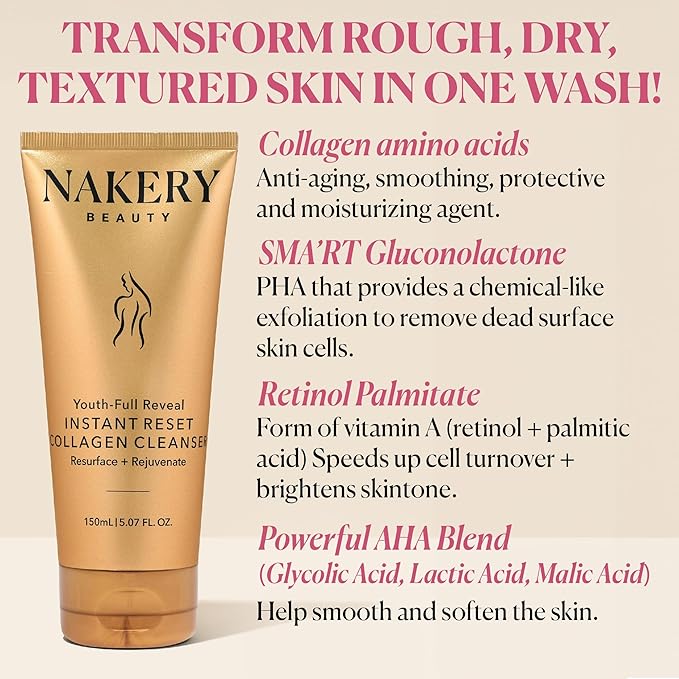 Nakery Face Cleanser for Women - Youth Revealer Facial Wash with Collagen - 10 in 1 Moisturizing Face Wash Exfoliating Cleanser for Dry & Textured Skin - Cleanser Face Wash For Smooth & Plump Skin
