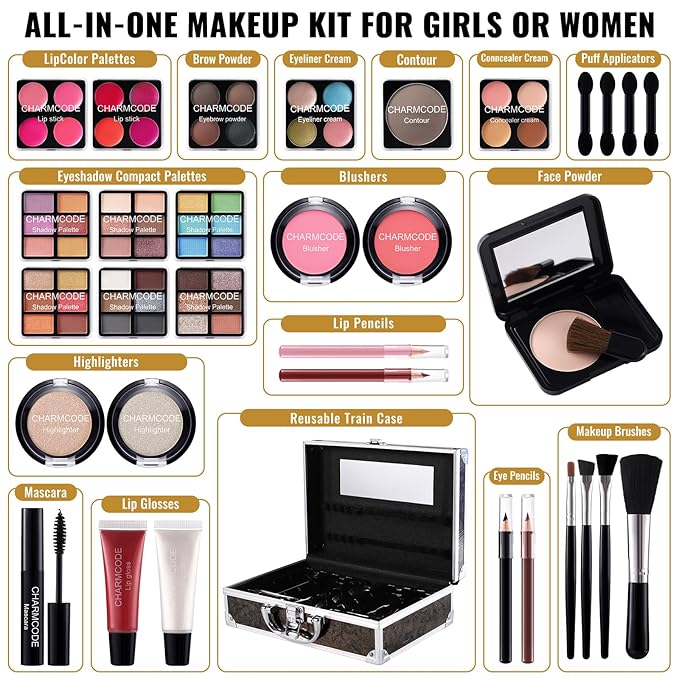 Makeup Kit for Teen Girls & Women Full Kit, Beauty Train Case with Starter Cosmetics Set, Make Up Valentine's Day Gift Box with Eyeshadow,Lipgloss,Highlight,Blush,Lip&Eye Pen,Brush & More(GoldenBrown)-VivaGrace Women