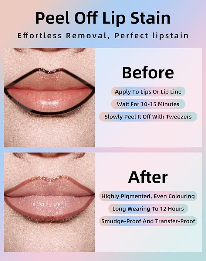 KIMUSE Lip Stain Peel Off, Peel Off Lip Liner Stain with Tweezer, Long Lasting, Waterproof, Transfer Proof Lipstains Color, Smudge-Free, Easy Removal, Matte Finish-VivaGrace Women