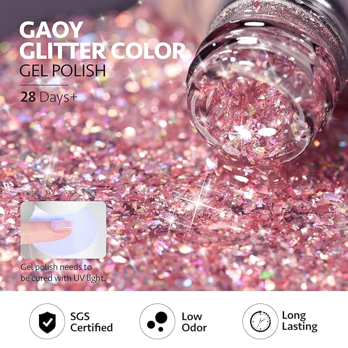 GAOY Glitter Gel Nail Polish, 16ml Pink Sparkly Gel Polish, Diamond Shiny UV Gel for Nail Art, Soak Off Nail Polish Home DIY, 2083 Phantasm Pink