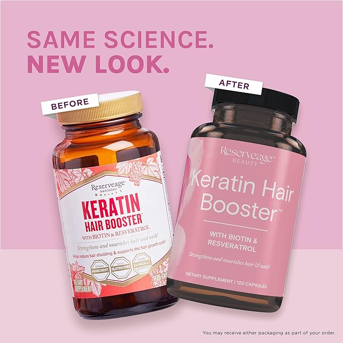 Reserveage Beauty, Keratin Hair Booster with Biotin & Resveratrol, Hair and Nail Growth Supplement for Men and Women, Supports Healthy Thickness and Shine with Biotin, 120 Capsules (60 Servings)-VivaGrace Women