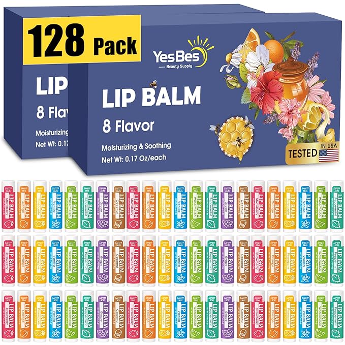 128 Pack Lip Balm, Natural Lip Balm Bulk with Vitamin E and Coconut Oil, Moisturizing Lip Balm for Dry Cracked Lips, Lip Balm for Stocking Stuffers - 8 Flavors-VivaGrace Women