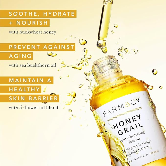 Farmacy Hydrating Face Oil - Honey Grail Nourishing Oil for Skin & Hair - Infused with Sea Buckthorn Oil, Rosehip Oil & Buckwheat Honey to Moisturize & Maintain a Healthy Skin Barrier (30ml)-VivaGrace Women