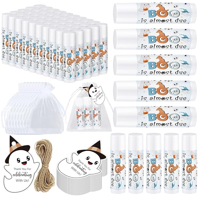 Demissle 50 Pcs Baby Shower Lip Balm Gift Set with 100 Pcs Organza Bags Baby Shower Party Favor for Guest Thank You Tag Rope Baby Shower Party Decoration Gender Reveal Souvenirs (Ghost)-VivaGrace Women