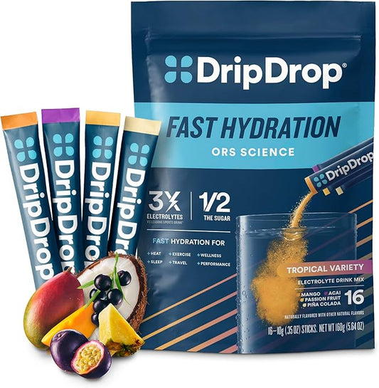 DripDrop Hydration Packets - Tropical Variety Pack - Single Serve Electrolytes Powder Drink Mix - Mango, Açaí, Passion Fruit, Piña Colada - Non-GMO, Gluten Free, Vegan - 16 Sticks-VivaGrace Women