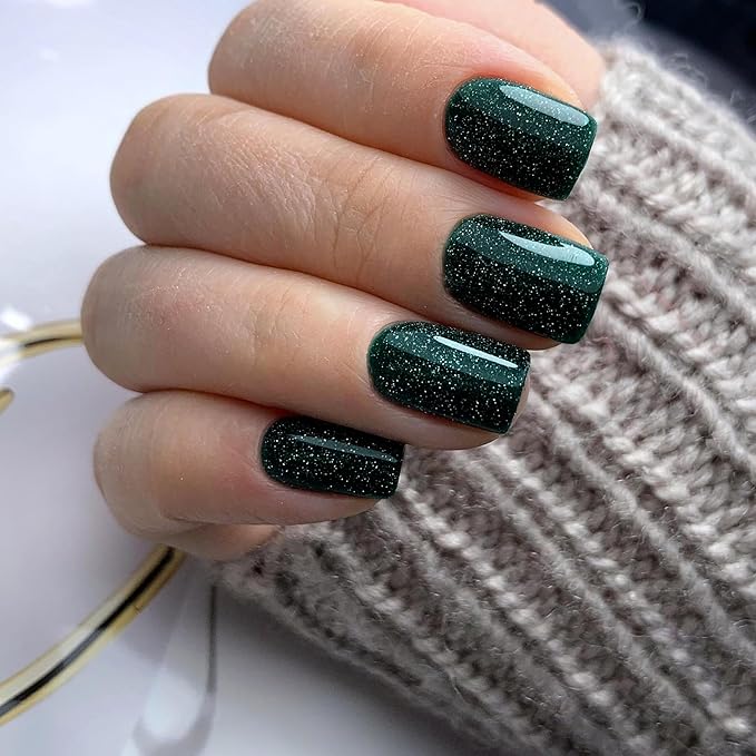 Dark Green Glitter Press on Nails Short Medium Nails Glue On,KQueenest Iridescent Shimmer Acrylic Fake Nails Sparkling Gel Nails Press ons,Stick on Nails Coffin False Nails with Designs
