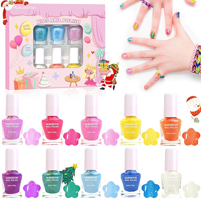 Kids Nail Polish Set for Girls 3+, 10 Sparkle Colors Non-Toxic Water Based Quick Dry Peel Off Glitter Polish Kit for Toddler Teen Party