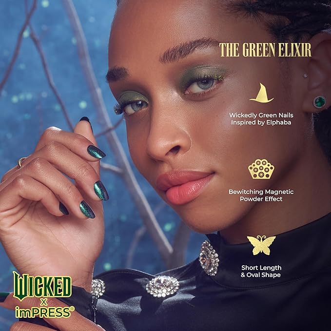 WICKED X imPRESS Design Press On Nails , The EASIEST NO GLUE Mani, Super Hold Adhesive, ‘The Green Elixir’, Green, Short Oval, Includes 30 Fake Nails, 1 Prep Pad, 1 Manicure Stick, 1 Mini File