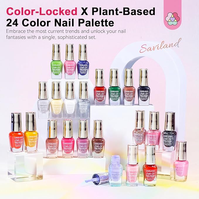 SAVILAND Color Artistry Nail Polish Set: Quick Dry 24 Colors Regular Nail Polish Kit Glitter Pink Red Brown Finger Bulk Fingernail Polish Set Non Gel Castor Oil Vitamin E Nail Lacquer Set Women Home