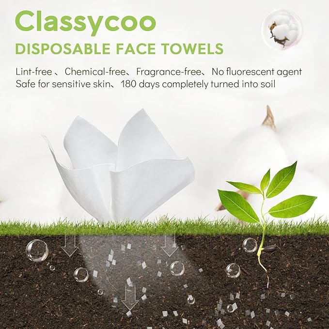 Classycoo 100% USA Organic-Cotton Disposable Face Towel, Ultra-Soft for Sensitive-Skin Facial Wipes Cleansing Towels, Odor-Free, Makeup Remover Cloths for Travel, Beauty, Home Hand Dry Wipe(50 Count)