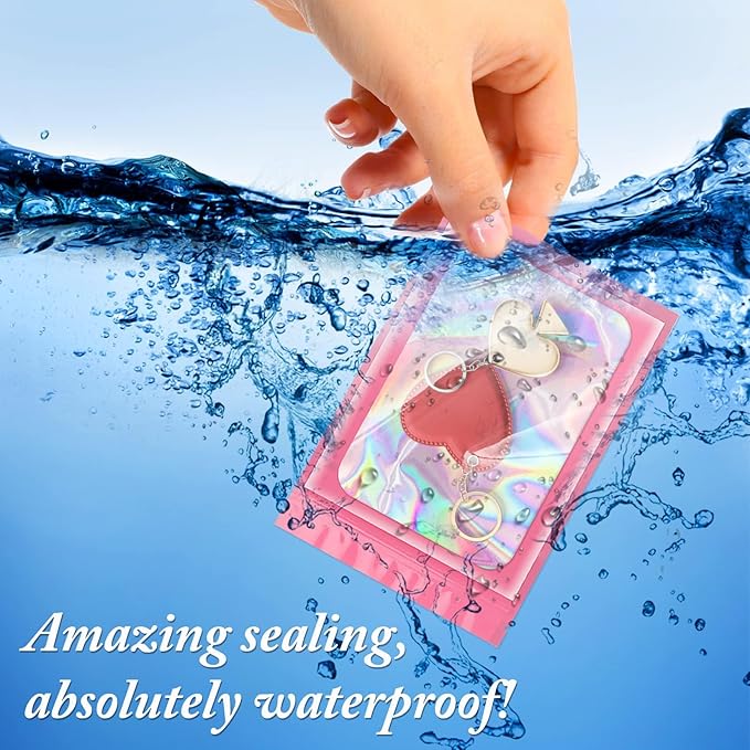 ANZNKU 100 Pcs Smell Proof Mylar Resealable Bags, Holographic Packaging Bags, Resealable Odor Foil Pouch Zip Bag with Clear Window for Food Storage and Lipgloss, Jewelry Lash(Pink, 4.7 x 7.9 Inch)-VivaGrace Women
