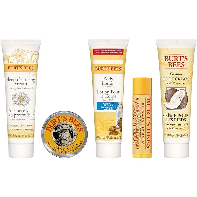 Burt's Bees Back to School Gifts Ideas, 5 Body Care College Dorm Products, Everyday Essentials Set - Original Beeswax Lip Balm, Deep Cleansing Cream, Hand Salve, Body Lotion & Foot Cream, Travel Size-VivaGrace Women