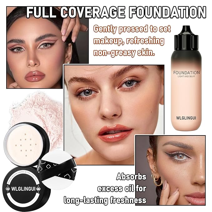 Full Coverage Liquid Foundation Makeup Set,Oil Control Concealer Long Lasting Waterproof Loose Setting Face Powder,Moisturizing BB Cream Set with Soft Makeup Sponge and Foundation Makeup Brush(4PCS)-VivaGrace Women