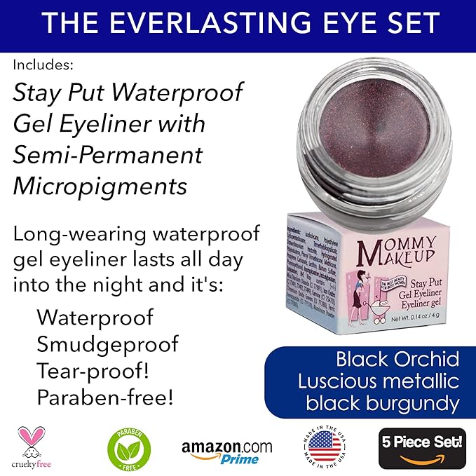 The Everlasting Eye 5 Piece Waterproof Makeup Set. Gel Eyeliner, Creme Eyeshadow, 2 brushes and Mesh Bag. Paraben-free, Talc-free, Cruelty-free. Anna/Black Orchid 1208-VivaGrace Women
