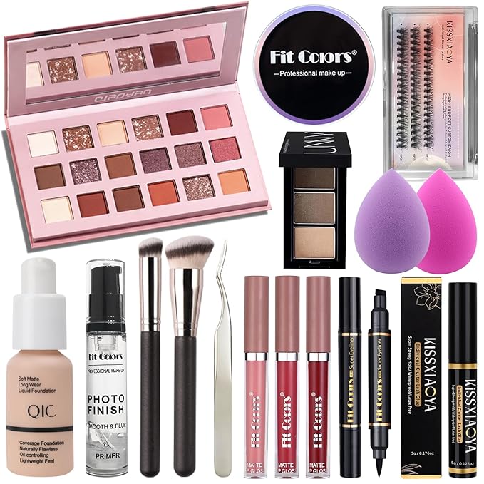 All In One Makeup Essential Starter Kit for Beginners or Pros, 18 Colors Naked Eyeshadow Palette Nude Face Primer, Brush, Sponge, Eyebrow Powder, Winged Eyeliner Stamp (SetA)-VivaGrace Women