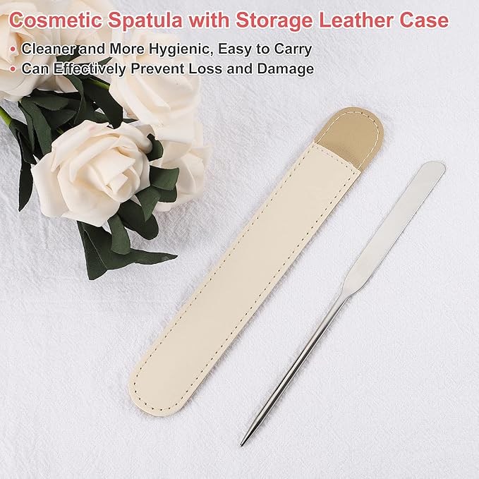 VOCOSTE 1 Set Stainless Steel Makeup Spatula, Liquid Foundation Spatula Tool with Faux Leather Case, Lipstick Nail Polish Mixing Palette Spatula, Beige-VivaGrace Women