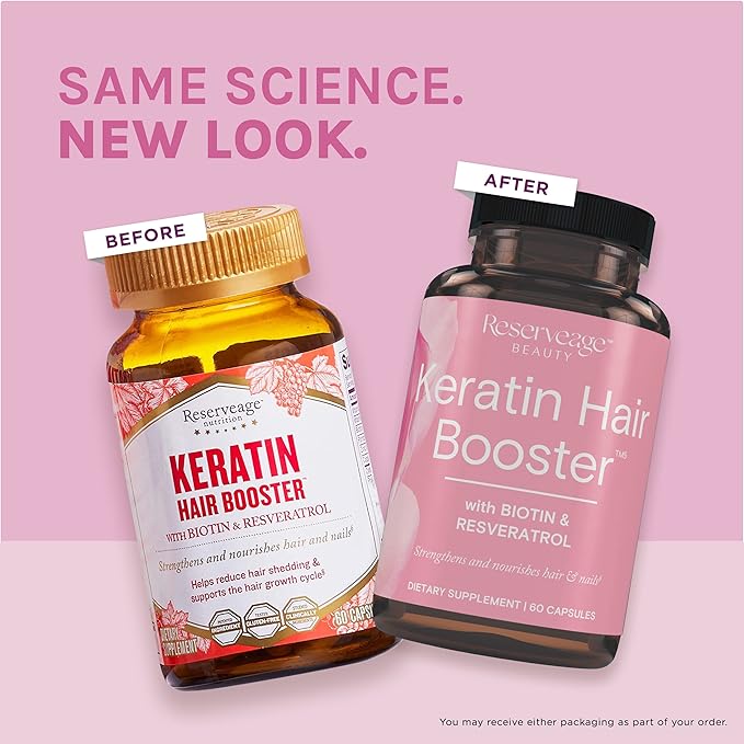 Reserveage Beauty, Keratin Hair Booster with Biotin & Resveratrol, Hair and Nail Growth Supplement for Men and Women, Supports Healthy Thickness and Shine with Biotin, 60 Capsules (30 Servings)-VivaGrace Women