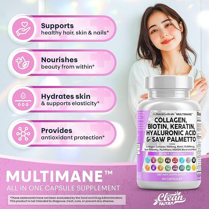 Clean Nutraceuticals Collagen Pills 1000mg Biotin 10000mcg Keratin Saw Palmetto Hyaluronic Acid - Hair Skin & Nails Vitamins & DHT Blocker with Vitamin E Folic Acid Pumpkin Seed MSM - 90 Count-VivaGrace Women
