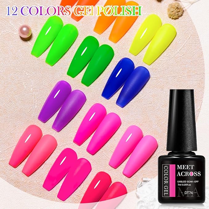 MEET ACROSS 12pcs Gel Nail Polish Set,Soak Off UV LED Lamp Gel Nail Polish Kit,Fashion Shimmer Nail Art Design Gifts for Women Manicure Salon (Neon series)