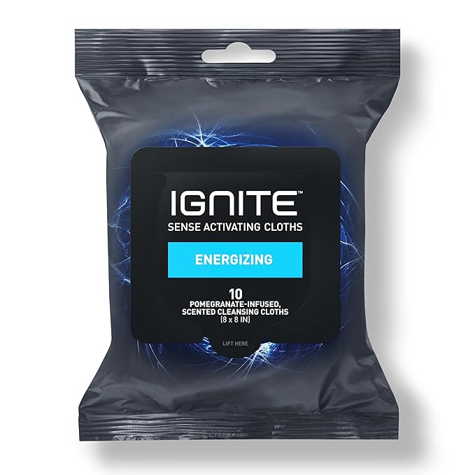Ignite Mens Body Wet Wipes, Extra Thick 8" x 8" Shower Wipes, Energizing Scent, 10 Count (Pack of 5)