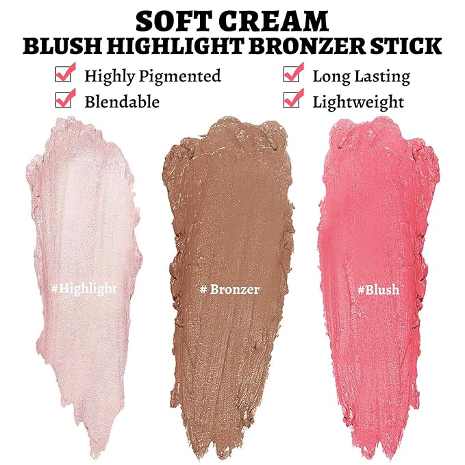 Face Stick Trio 3Pcs Multi Makeup Blush Highlighter Contour Sticks, Buildable Blendable Lightweight Cream Blush Stick for Cheeks Lips Make Up For Women (05)-VivaGrace Women