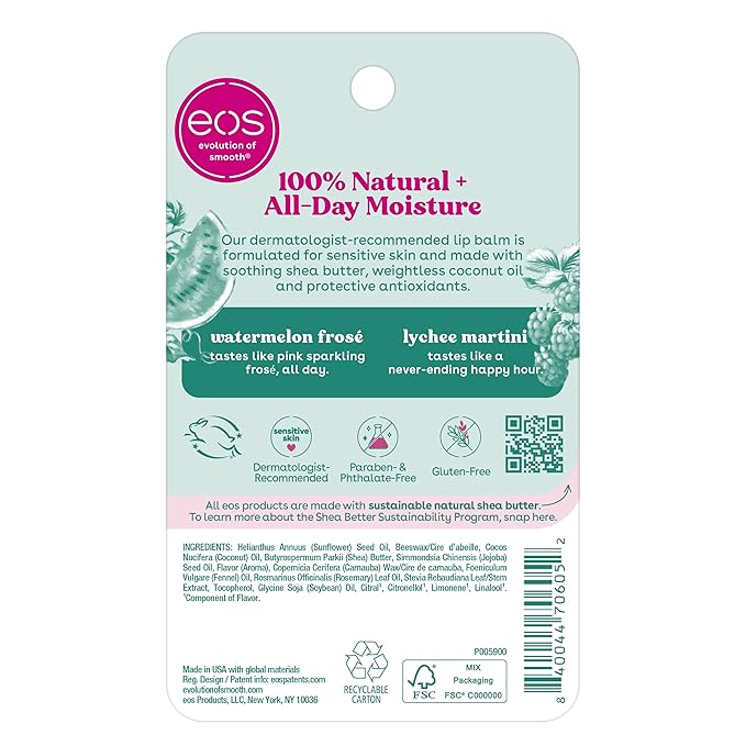 eos 100% Natural Lip Balm Sticks- Watermelon Frosé and Lychee Martini | Dermatologist Recommended for Sensitive Skin | All Day Moisture | 0.14 oz | 2-Pack-VivaGrace Women