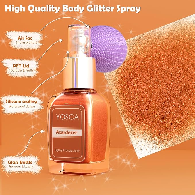 Yosca Highlighter Powder Spray, 20ML Cosmetic Grade Shimmer Powder Red Glitter Spray Sparkle Highlighter Makeup Festival Concert Accessorise for Rave Clothes Hair Face Nail Art - Atardecer-VivaGrace Women
