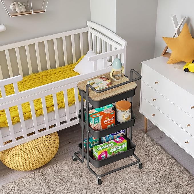 DTK 3 Tier Rolling Cart Uility Cart with Cover Board, Mobile Storage Cart with Wheels, Cups, Hooks for Office Utility Kitchen Bathroom Homeschool Art Craft Postpartum Teacher Cart Organizer(Black)-VivaGrace Women